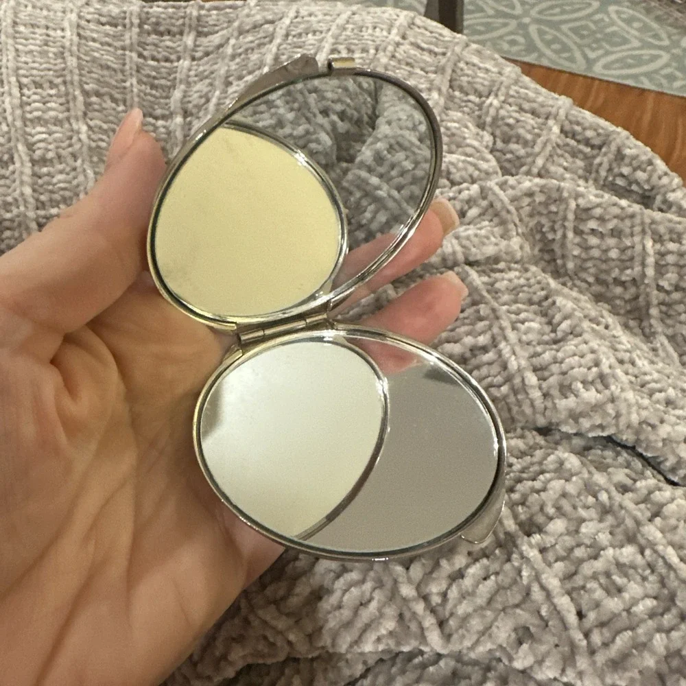 Vintage Unbranded Compact Mirror Makeup Karess Woodworth Style Silver Rhinestone